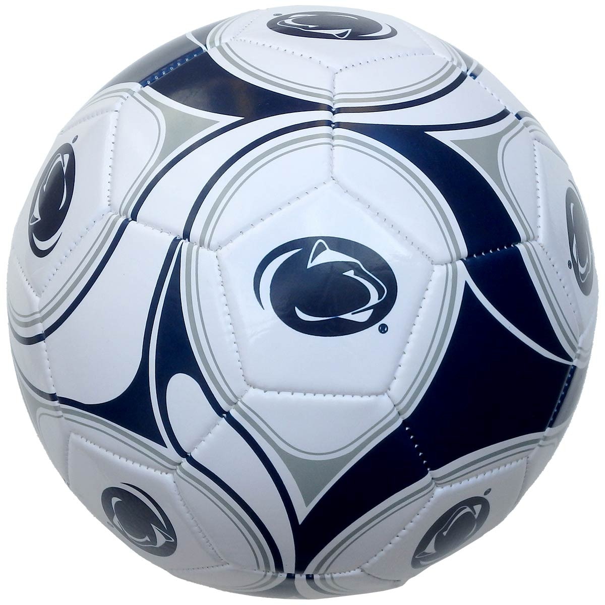 stitched white, navy, and gray soccer ball with Penn State Athletic Logos